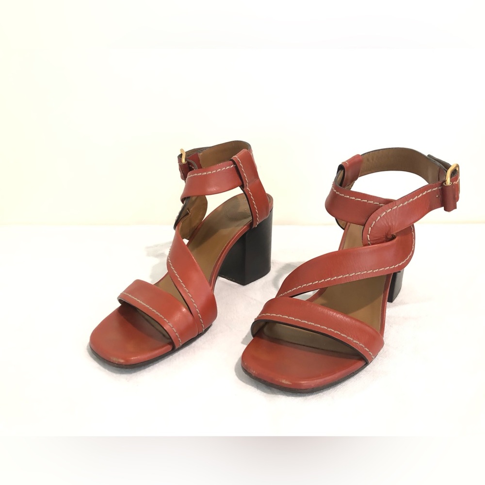 Chloe Block Heel Sandals Candice 70mm Sepia Brown Strappy Open Toe Leather 37.5